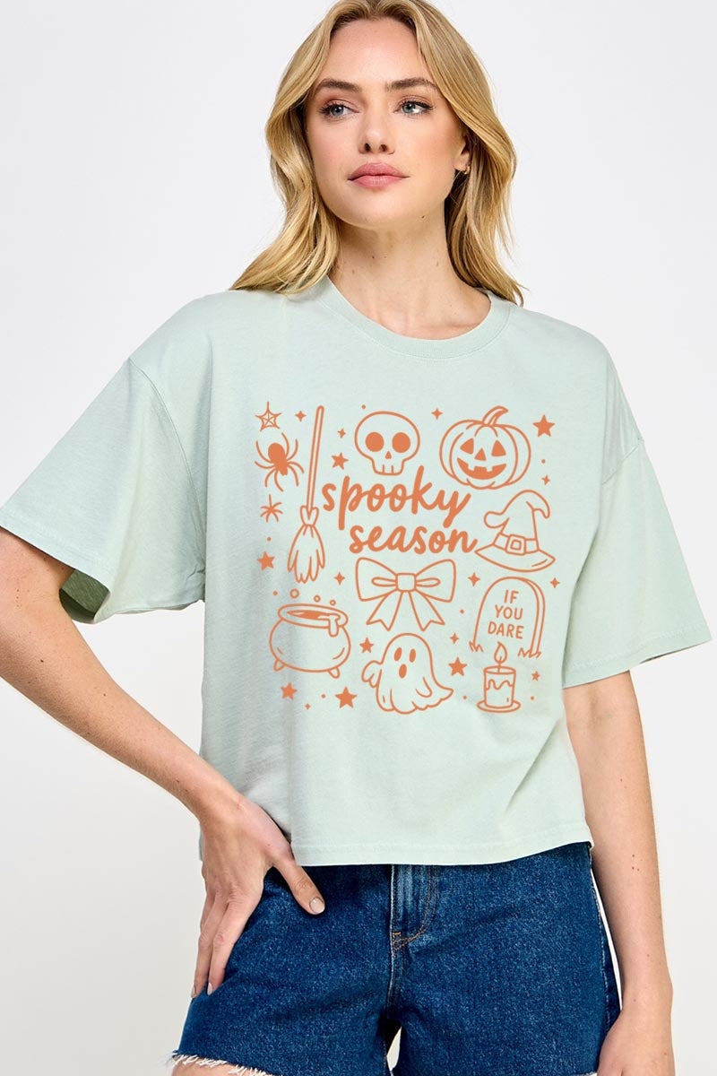 CTS-E3141 Halloween Doodle Graphic Relaxed Crop Top $11