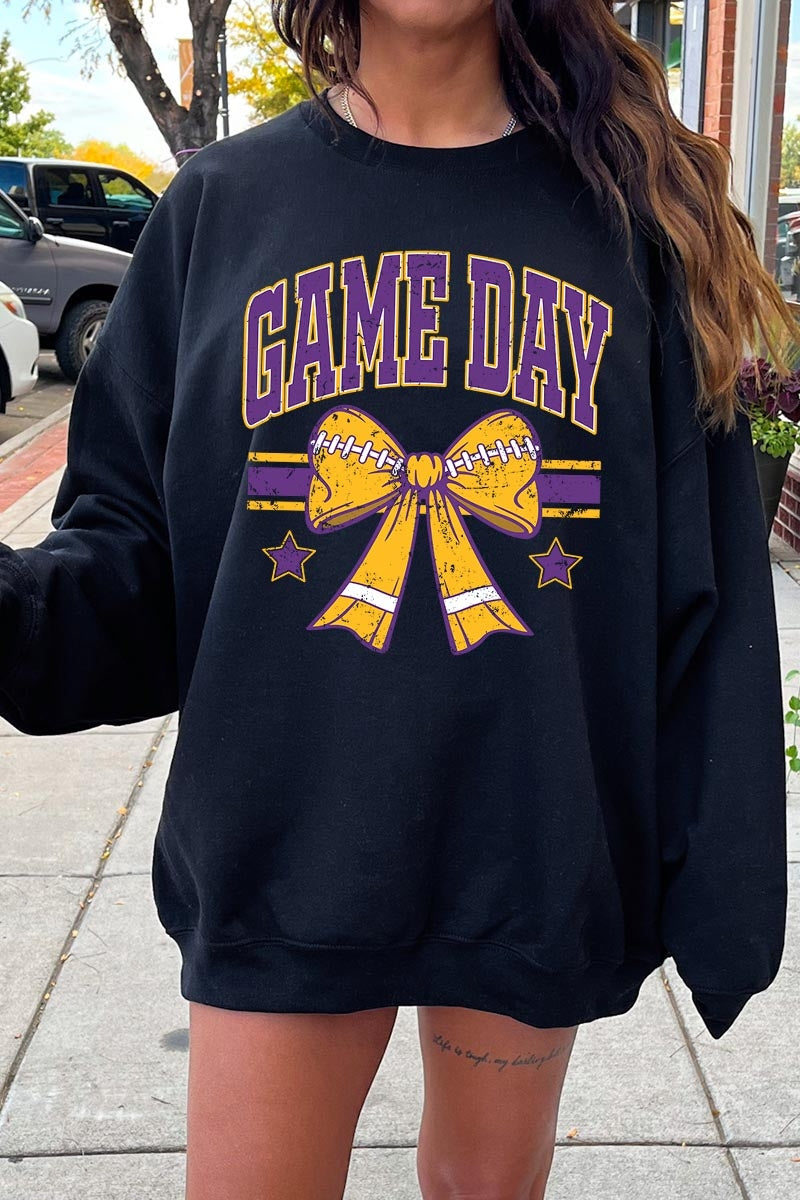 UL180-E3063 Purple Game Day Football Bow Graphic Sweatshirt $20