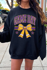 UL180P-E3063 Purple Game Day Football Bow Plus Sweatshirt $25