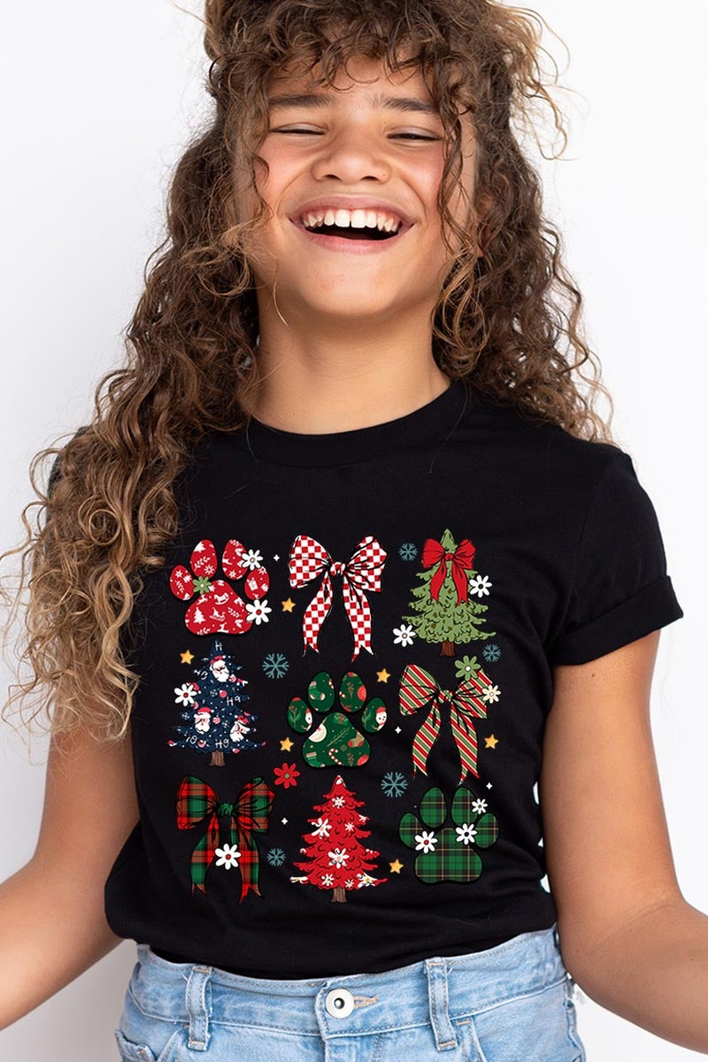 US3001Y-E3195Z Christmas Bow Paw Kids Graphic Tee $11
