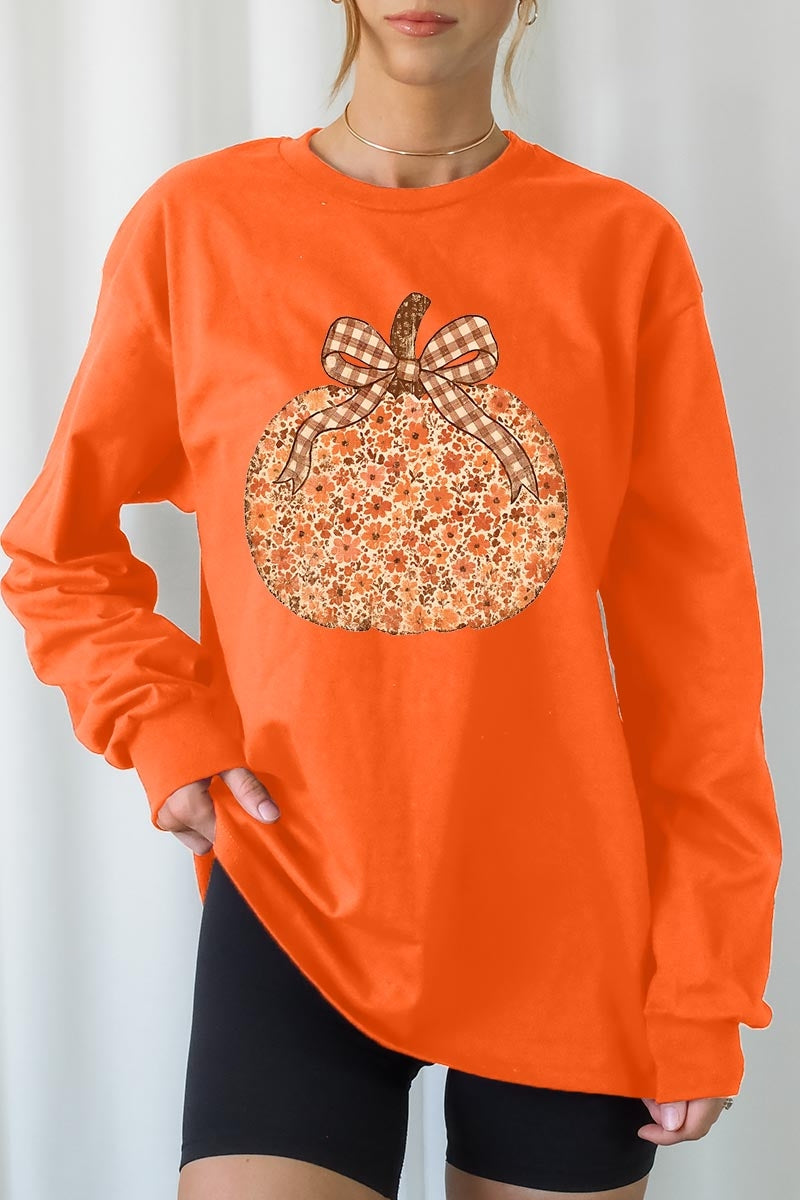UL240-E3135 Floral Fall Pumpkin Graphic Long Sleeve Tee $13.75
