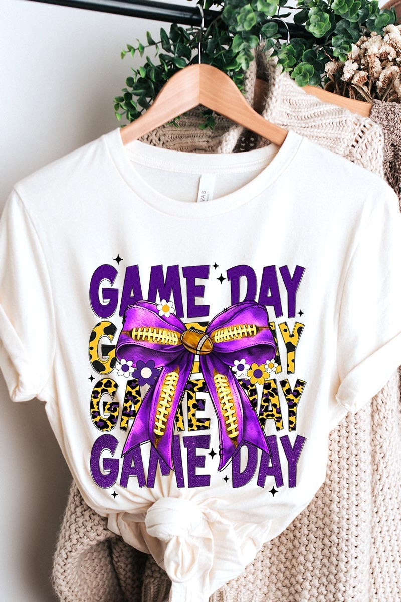 US3001P-E3092 Purple Yellow Football Game Day Bow Plus Tee $16