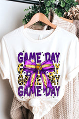 US3001-E3092 Purple Yellow Football Game Day Bow Graphic Tee $12.5