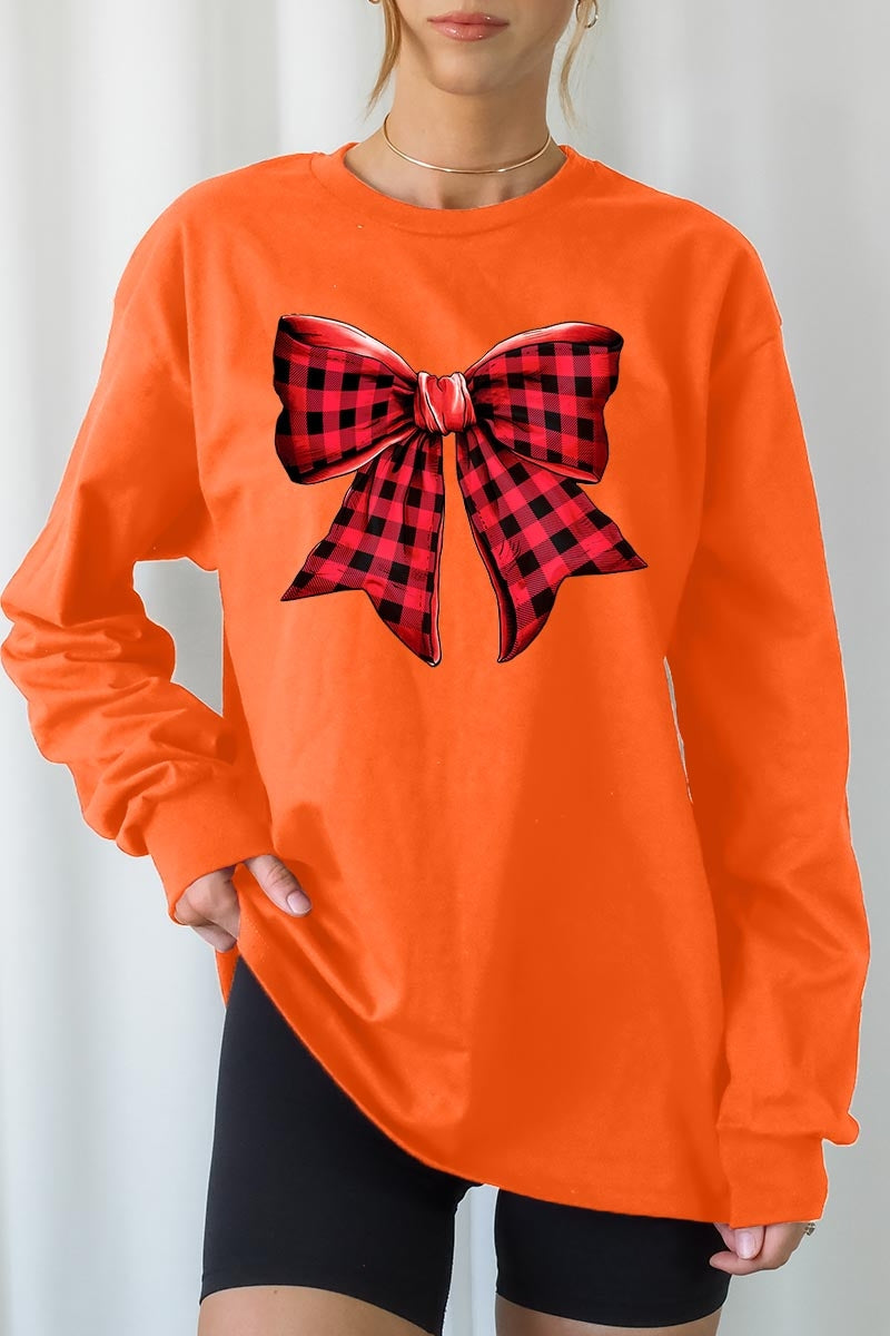 UL240P-E3198 Red Buffalo Plaid Bow Graphic Plus Long Sleeve Tee $17
