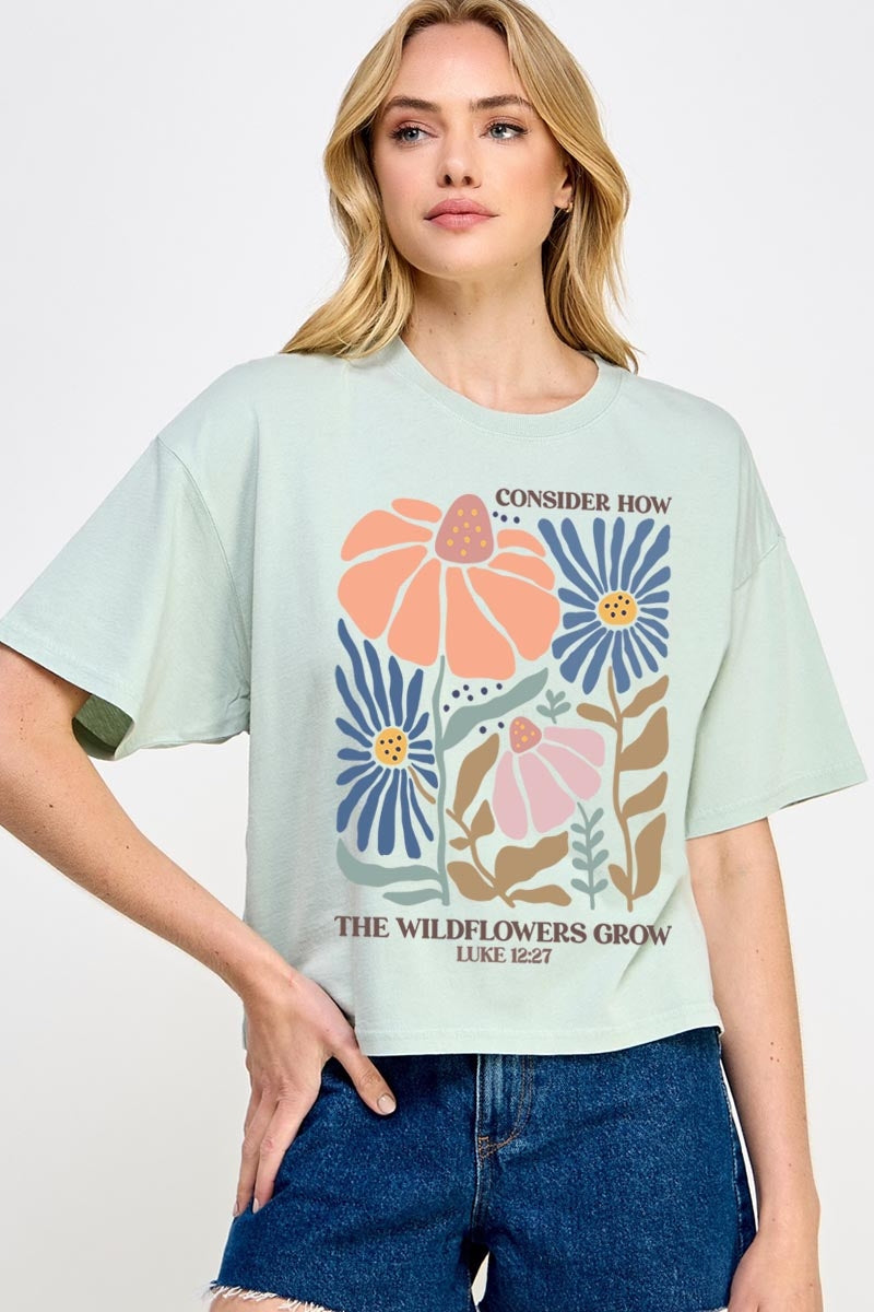 CTS-E3067 Consider the Wildflowers Graphic Relaxed Crop Top $11
