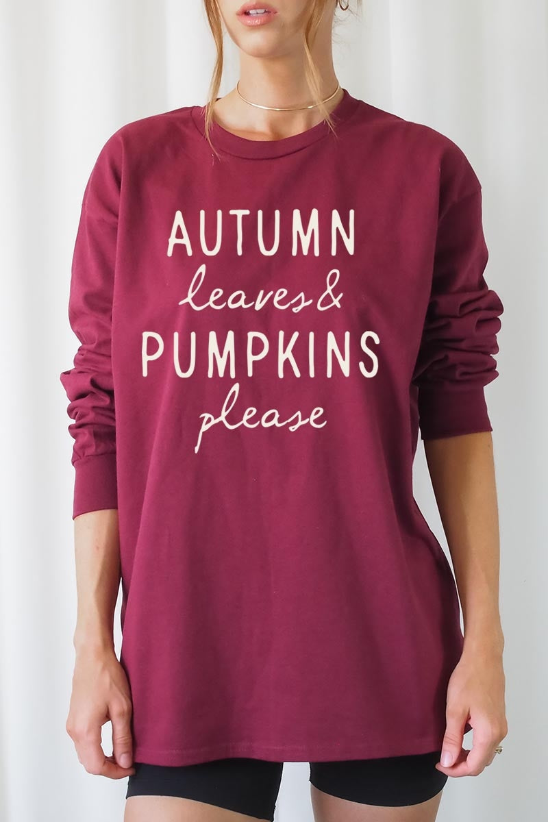 UL240-E3158 Autumn Leaves Pumpkins Graphic Long Sleeve Tee $13.75