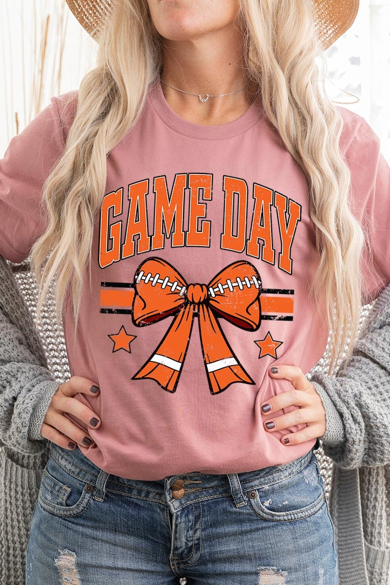 US3001P-E3064 Orange Game Day Football Bow Graphic Plus Tee $16