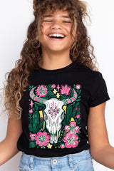 US3001Y-E3086Z Western Floral Cow Skull Kids Graphic Tee $11