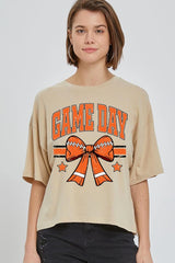 CTS-E3064 Orange Game Day Football Bow Graphic Crop Top $11