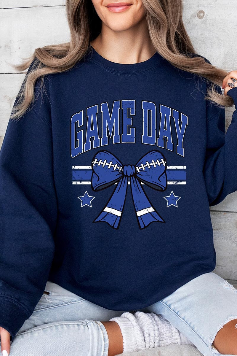 UL180P-E3065 Blue Game Day Football Bow Graphic Plus Sweatshirt $25