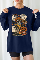 UL240-E3107 Spooky Western Skeleton Graphic Long Sleeve Tee $13.75