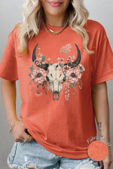 5000P-E3113 Western Skull Floral Graphic Plus Heavy Cotton Tee $12.75