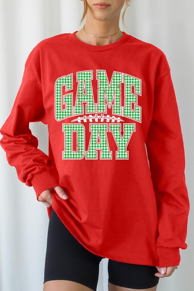 UL240-E3128 Green Gingham Game Day Graphic Long Sleeve Tee $13.75
