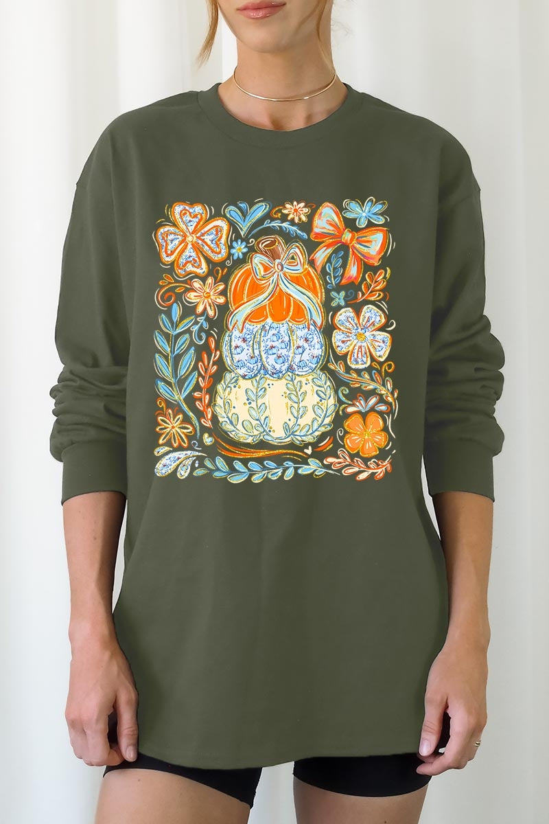 UL240-E3153 Floral Pumpkin Stack Graphic Long Sleeve Tee $13.75
