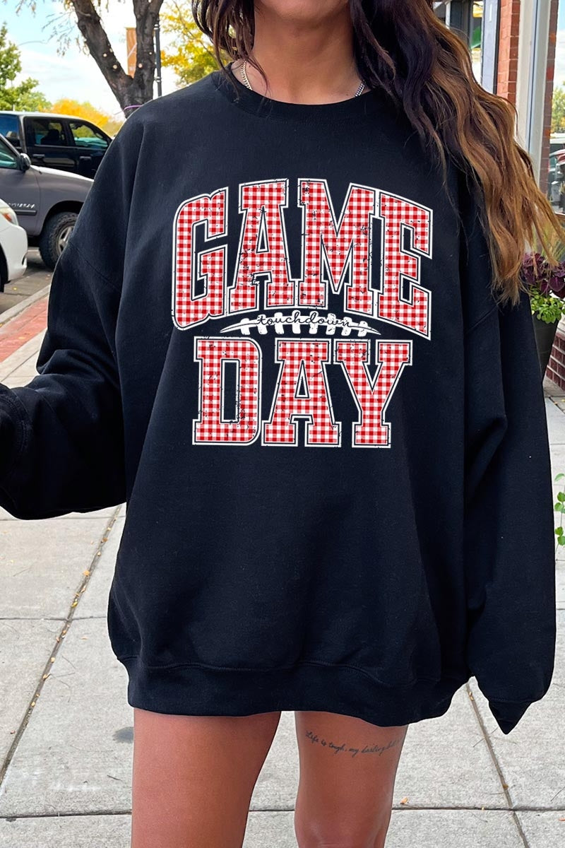 UL180P-E3126 Red Gingham Game Day Graphic Plus Sweatshirt $25