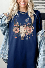 5000-E3113 Western Skull Floral Graphic Heavy Cotton Tee $9