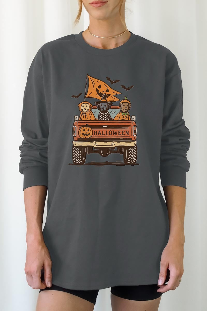 UL240-E3150 Halloween Truck Dogs Graphic Long Sleeve Tee $13.75