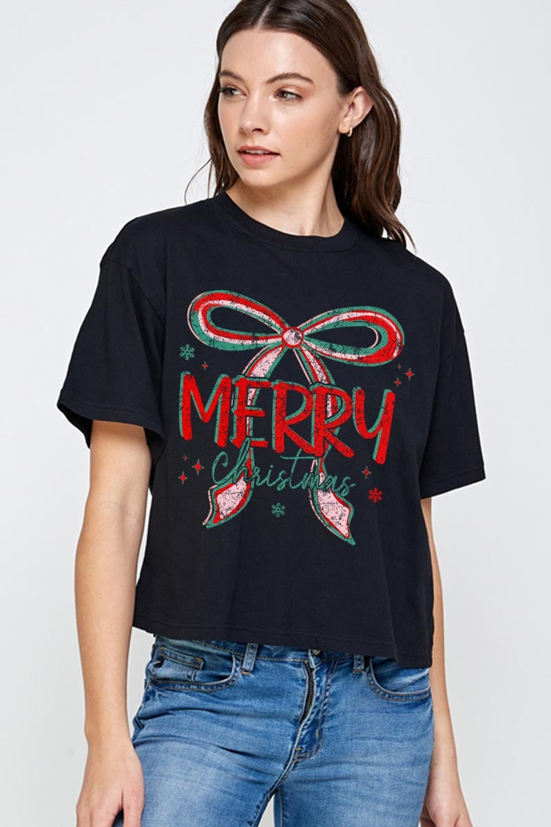 CTS-E3197 Merry Christmas Bow Graphic Relaxed Crop Top $11