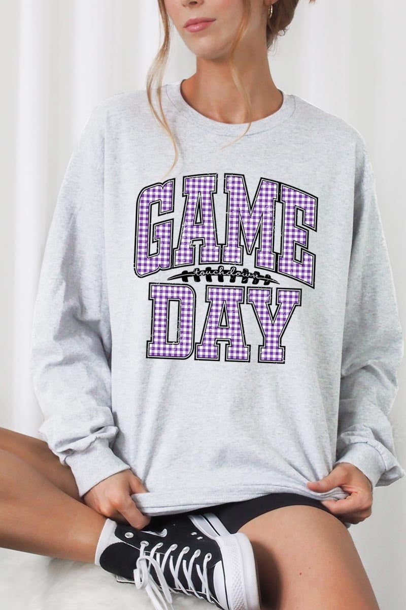 UL240P-E3127 Purple Gingham Game Day Plus Long Sleeve Tee $17