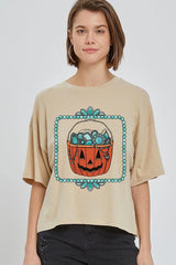 CTS-E3140 Halloween turquoise pumpkin Relaxed Crop Top $11
