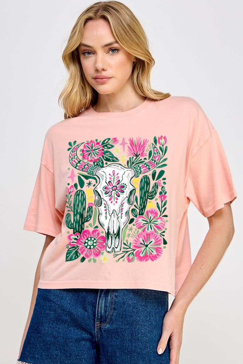 CTS-E3086 Western Floral Cow Skull Graphic Relaxed Crop Top $11