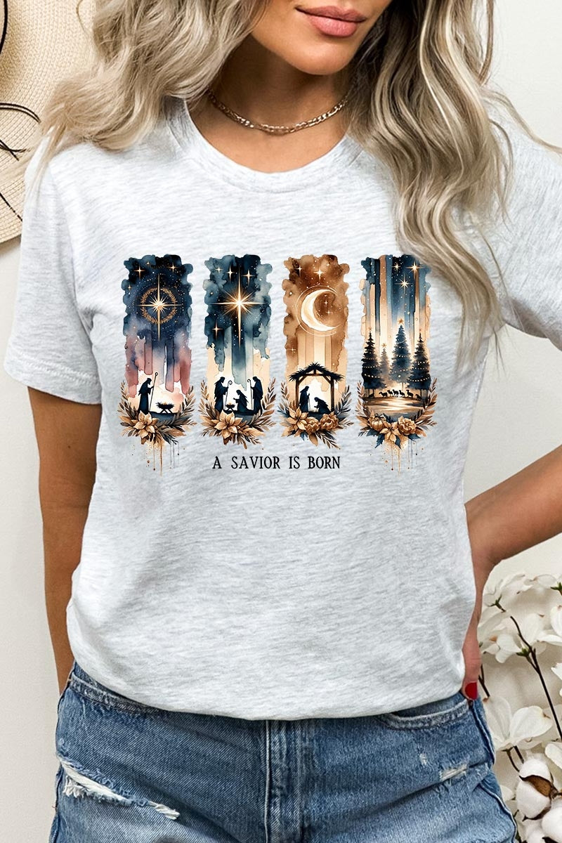 US3001-E3204 Savior Is Born Nativity Graphic Tee $12.5