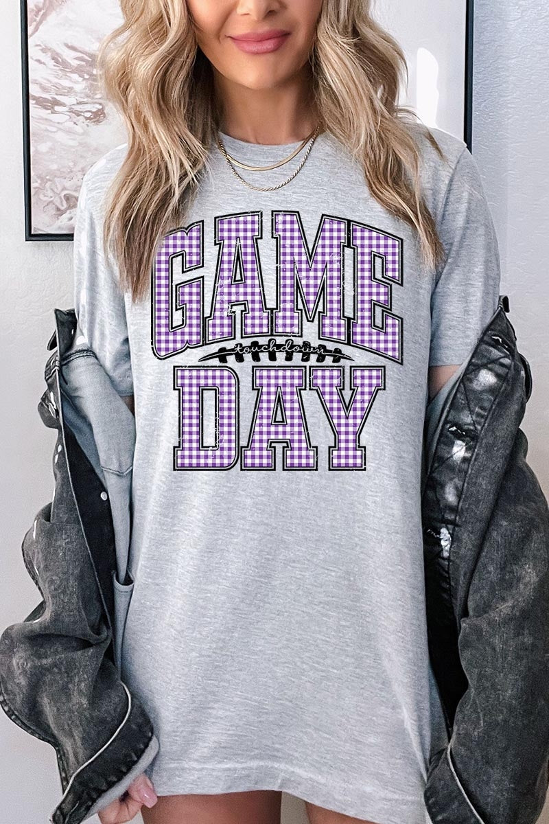 US3001-E3127 Purple Gingham Game Day Graphic Tee $12.5