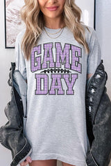 US3001-E3127 Purple Gingham Game Day Graphic Tee $12.5