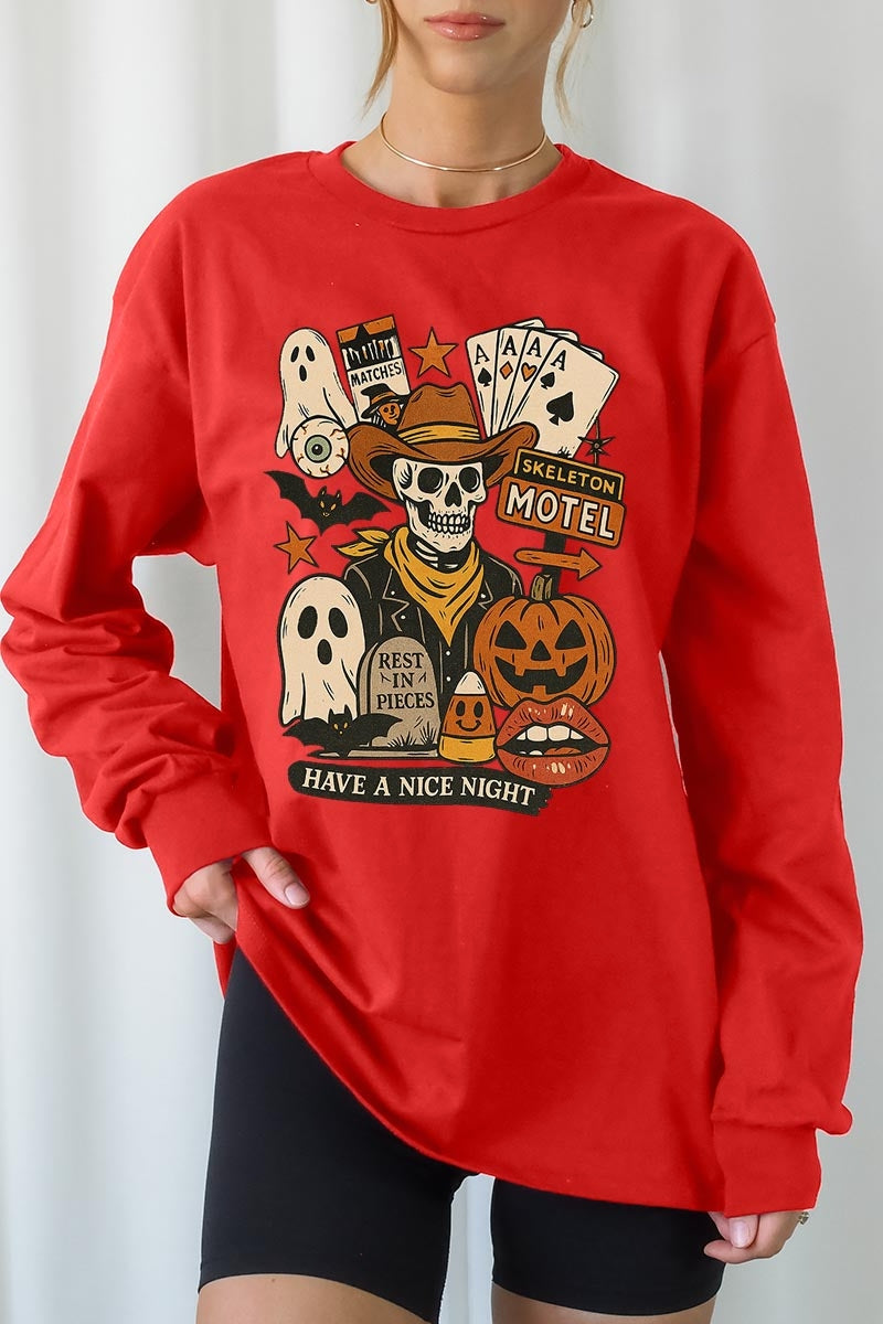 UL240-E3107 Spooky Western Skeleton Graphic Long Sleeve Tee $13.75