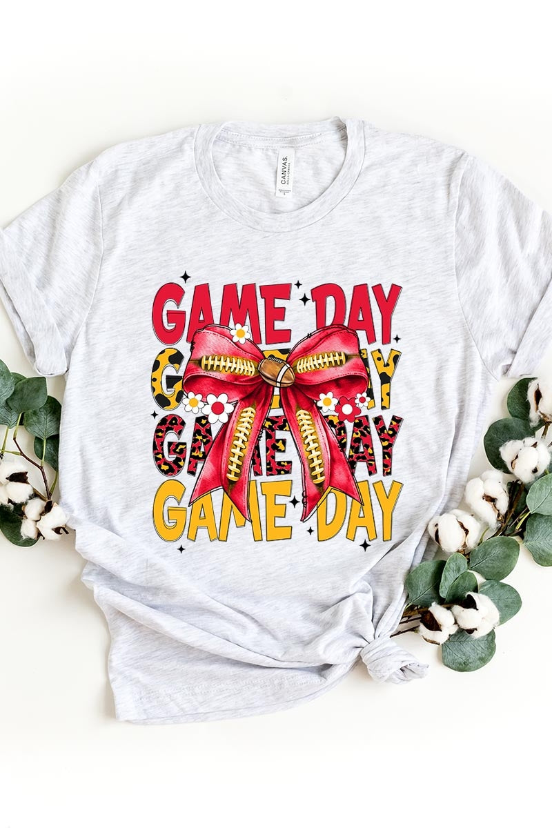 US3001-E3091 Red Yellow Football Game Day Bow Graphic Tee $12.5
