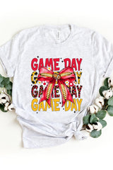 US3001-E3091 Red Yellow Football Game Day Bow Graphic Tee $12.5
