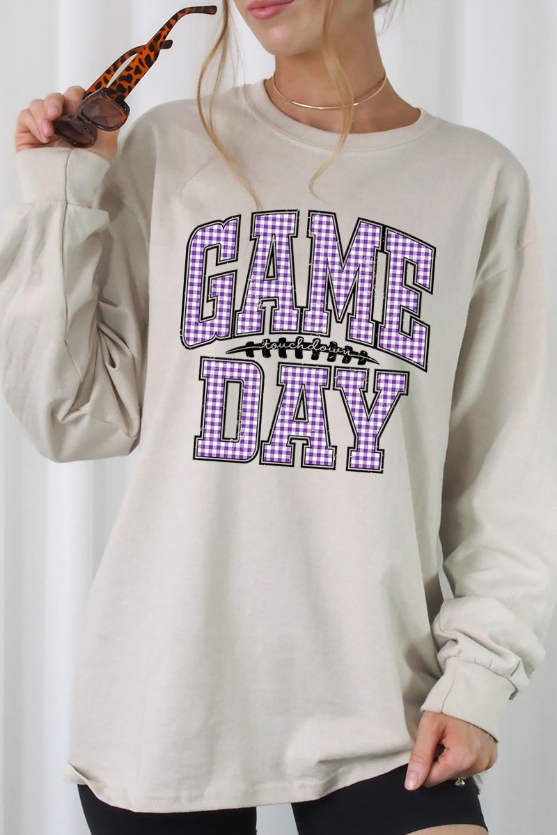 UL240-E3127 Purple Gingham Game Day Graphic Long Sleeve Tee $13.75