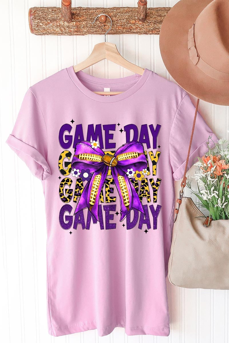 US3001P-E3092 Purple Yellow Football Game Day Bow Plus Tee $16