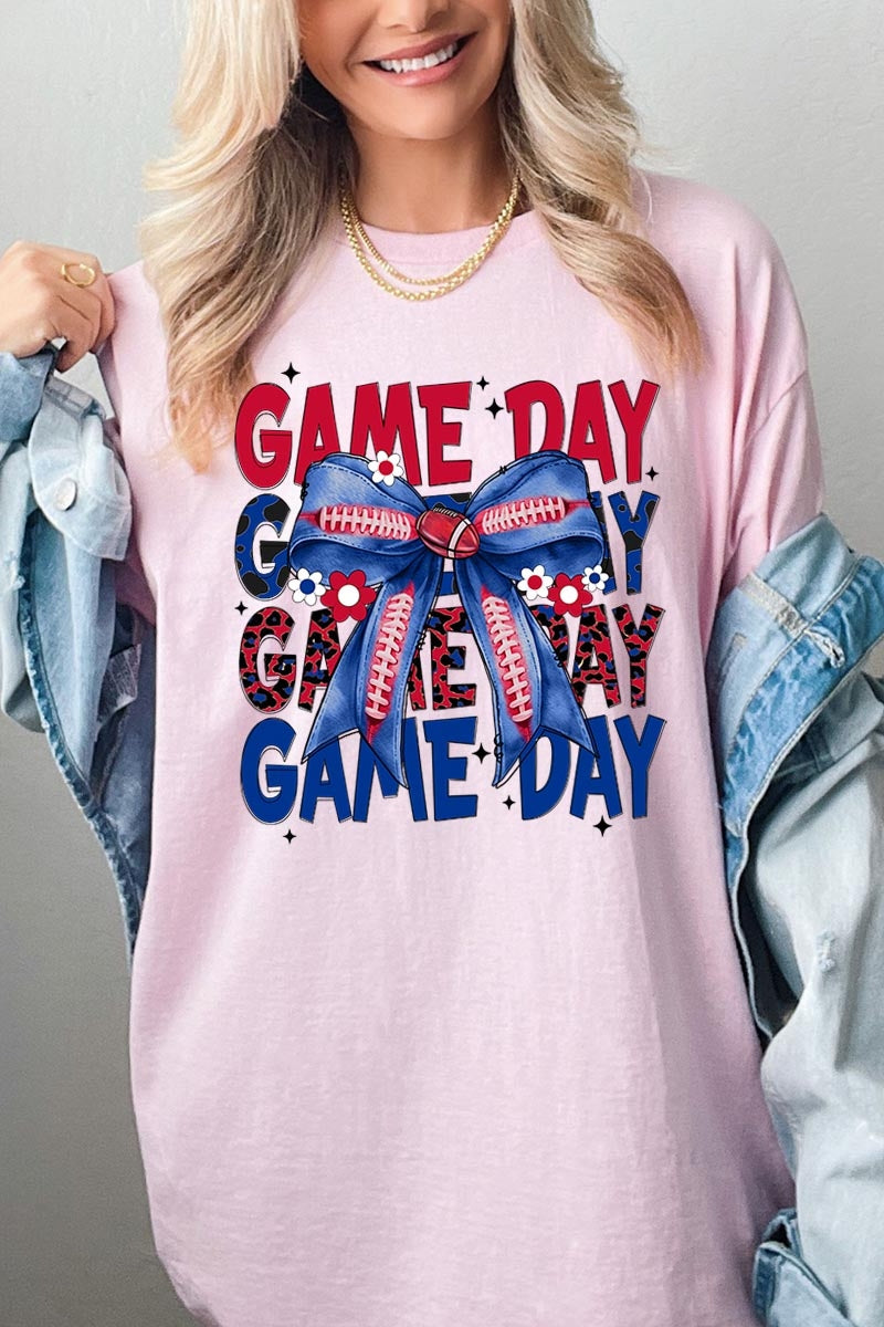 5000-E3087 Red Blue Football Game Day Bow Heavy Cotton Tee $9