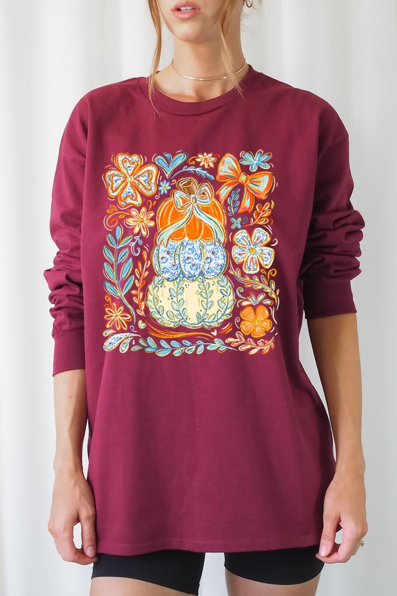UL240-E3153 Floral Pumpkin Stack Graphic Long Sleeve Tee $13.75