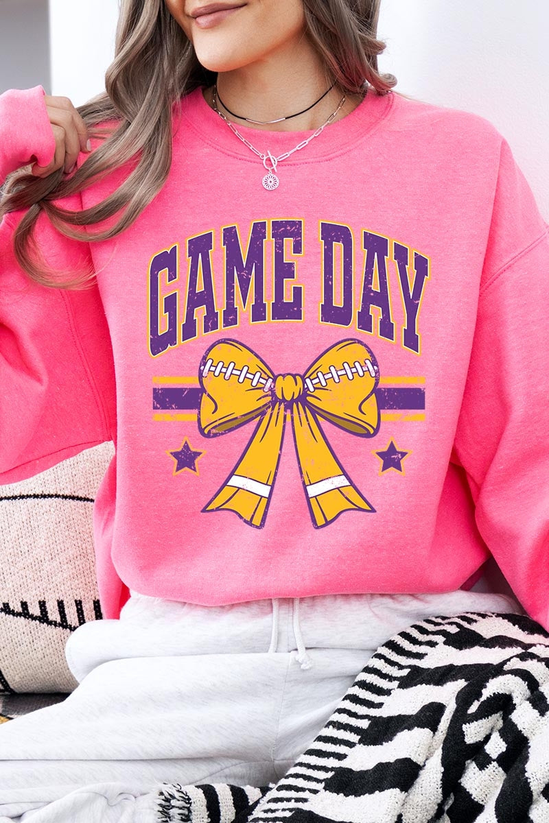 UL180P-E3063 Purple Game Day Football Bow Plus Sweatshirt $25