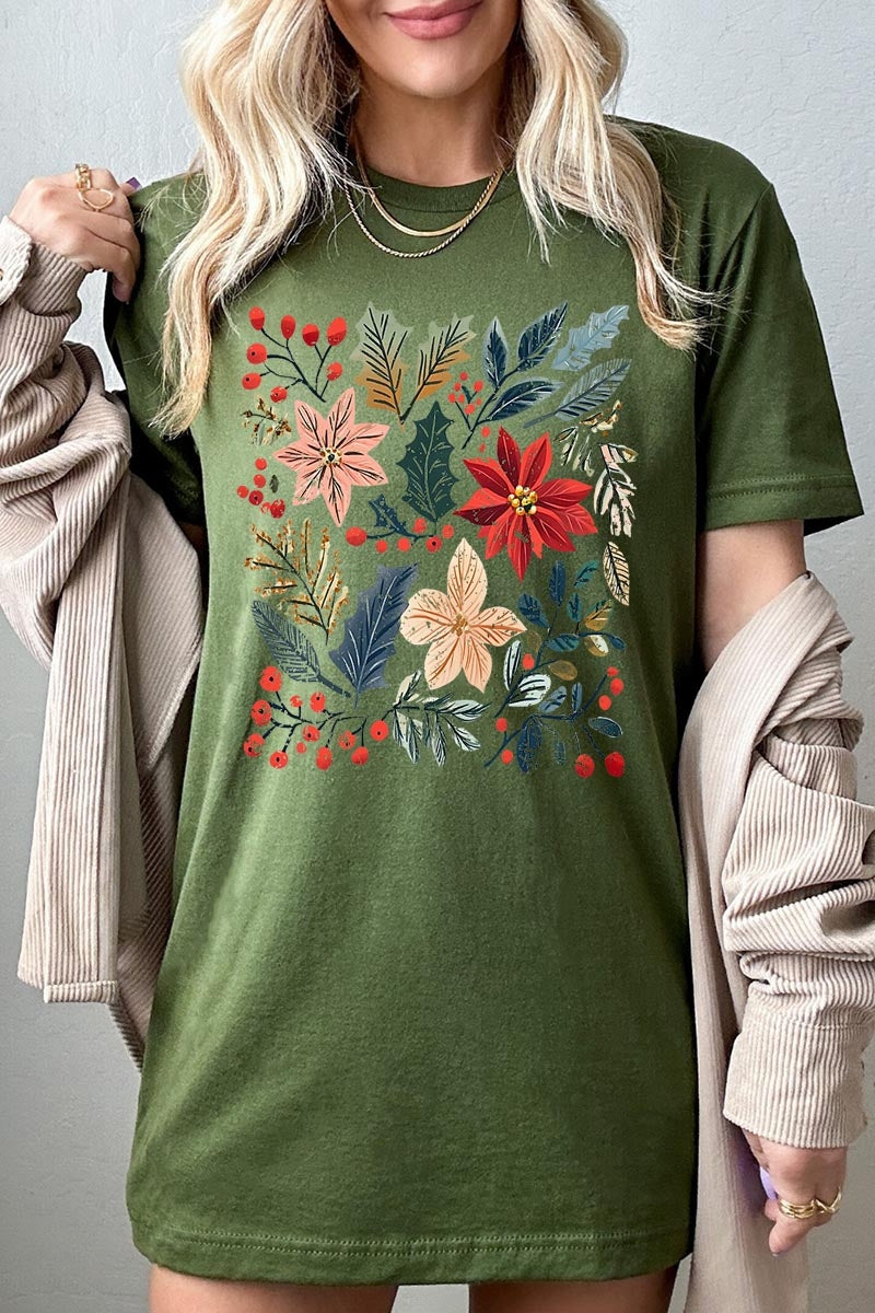 US3001P-E3186 Floral Christmas Graphic Plus Tee $16