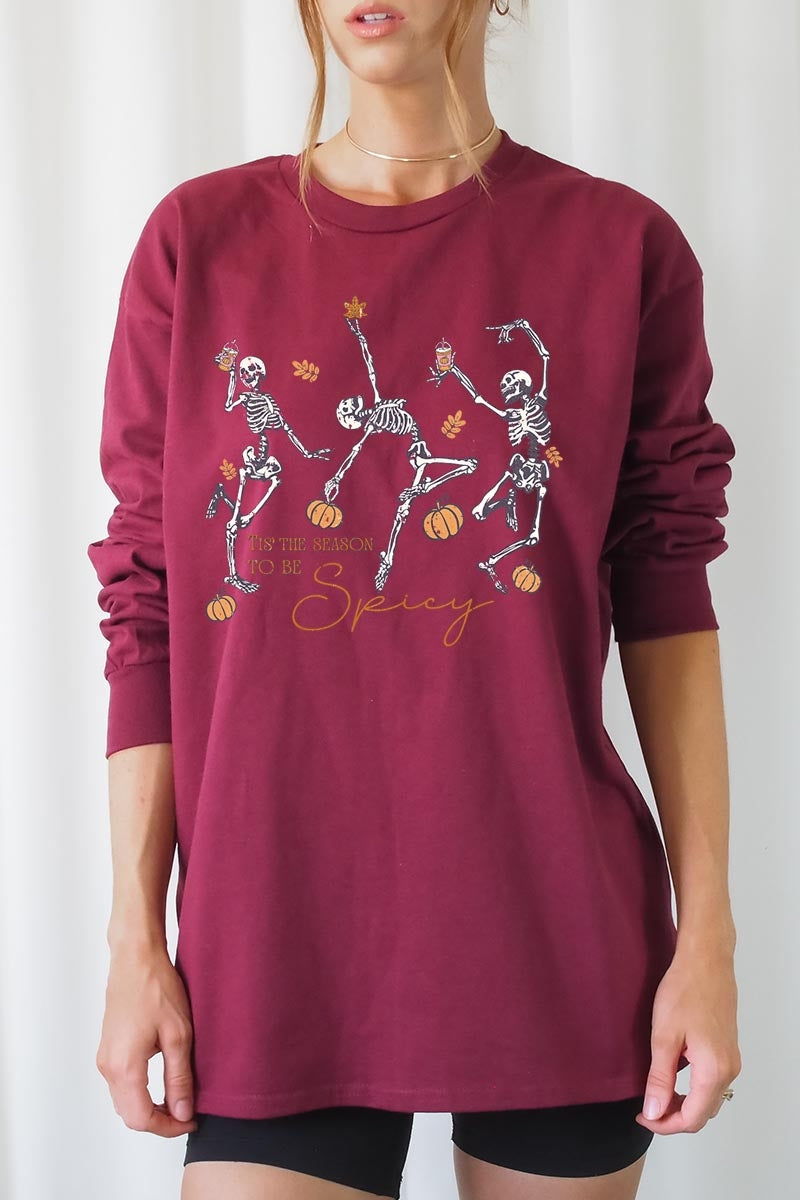 UL240-E3123 Halloween Skeleton Graphic Long Sleeve Tee $13.75