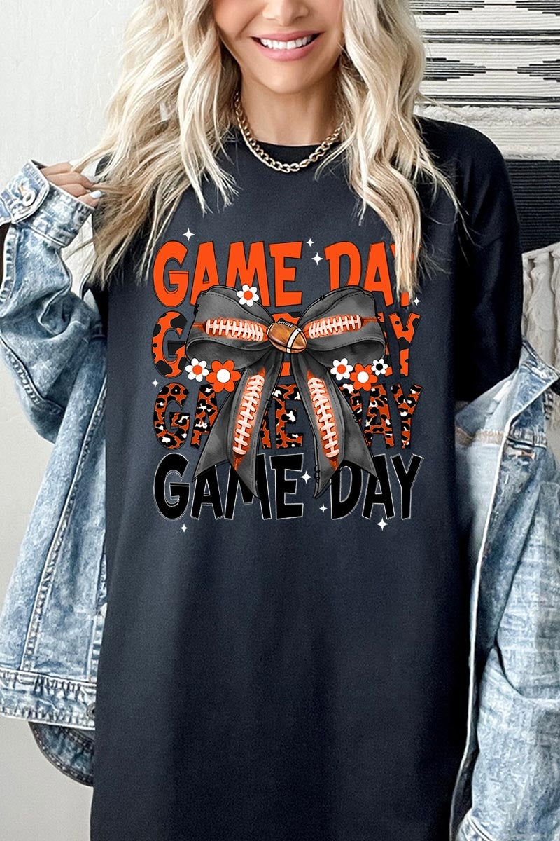 5000-E3088 Orange Black Football GameDay Bow Heavy Cotton Tee $9