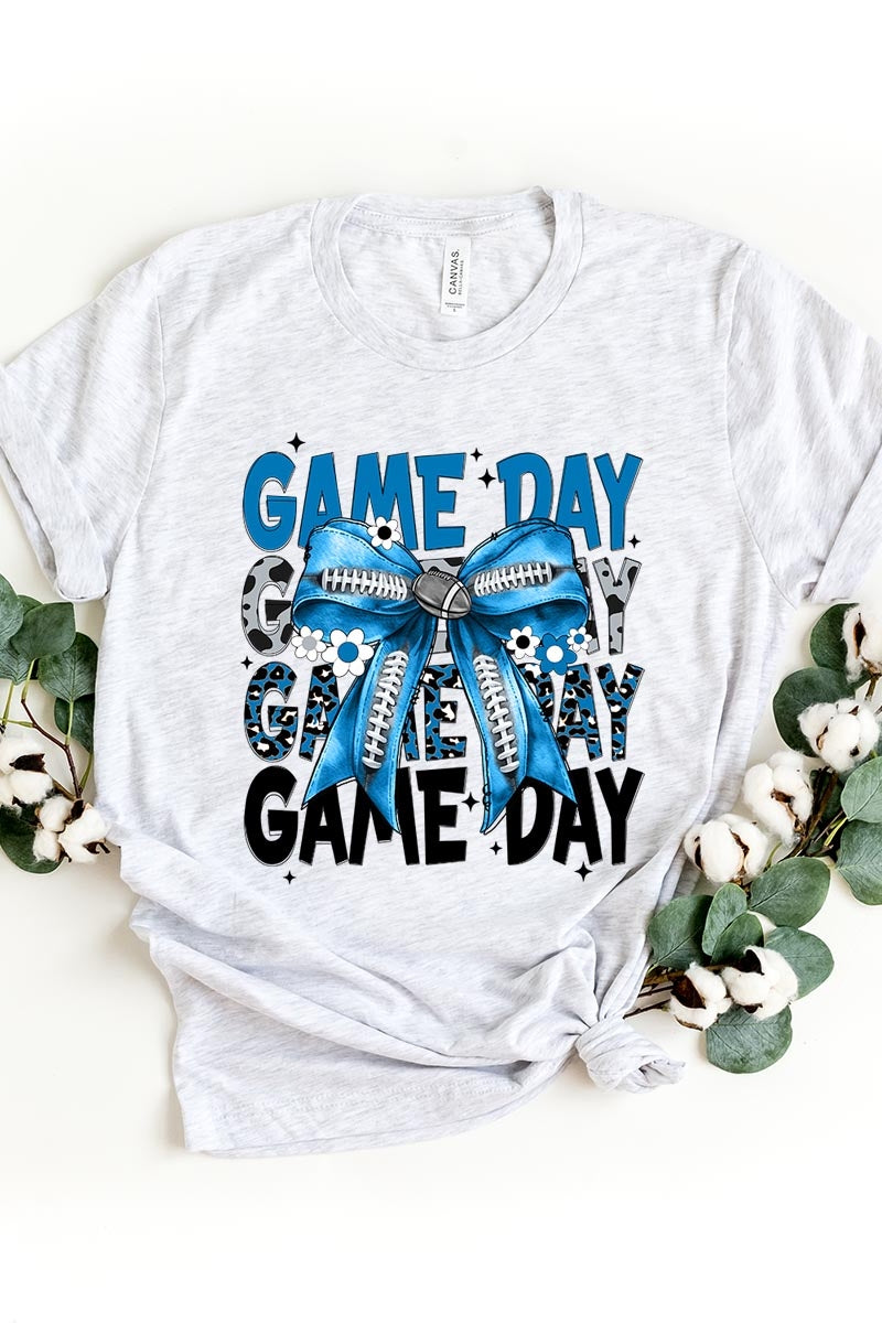 US3001P-E3089 Blue Silver Football Game Day Bow Graphic Plus Tee $16