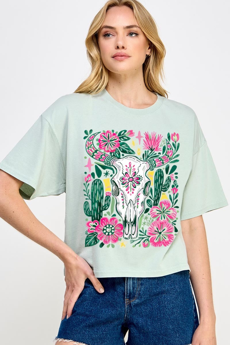 CTS-E3086 Western Floral Cow Skull Graphic Relaxed Crop Top $11