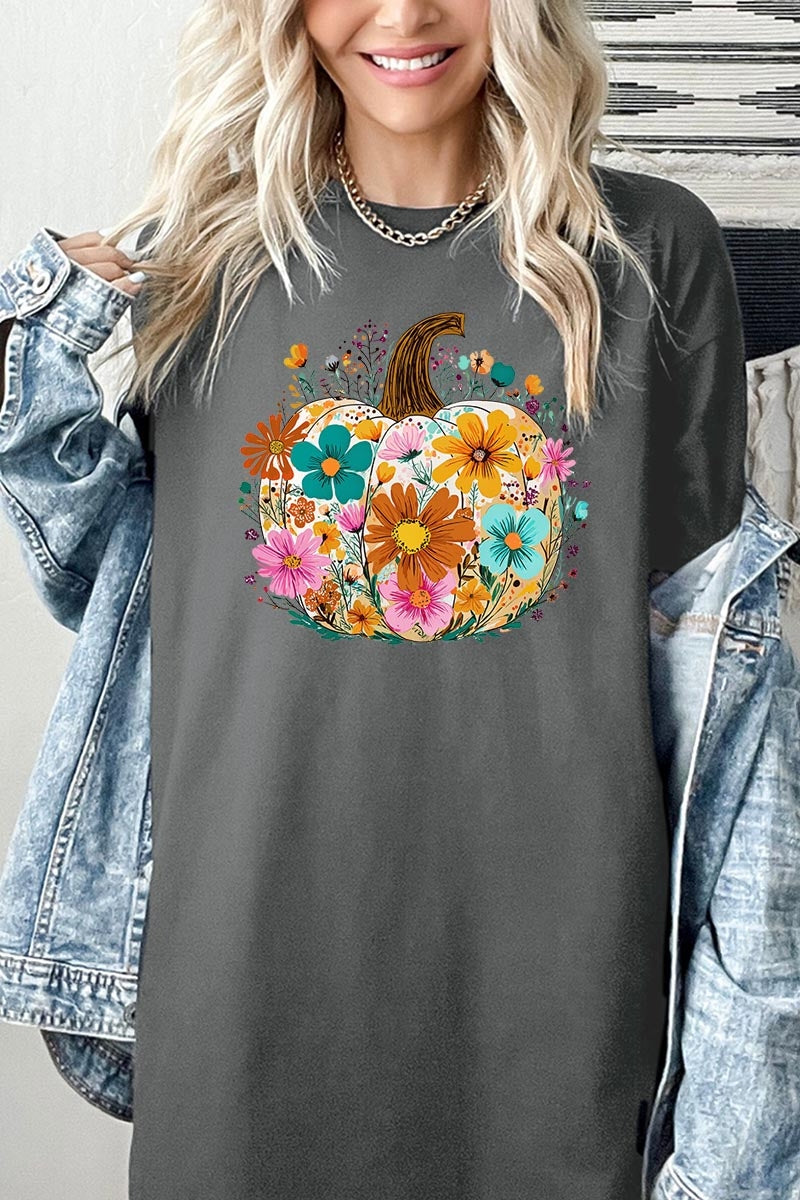 5000P-E3118 Floral Pumpkin Graphic Plus Heavy Cotton Tee $12.75