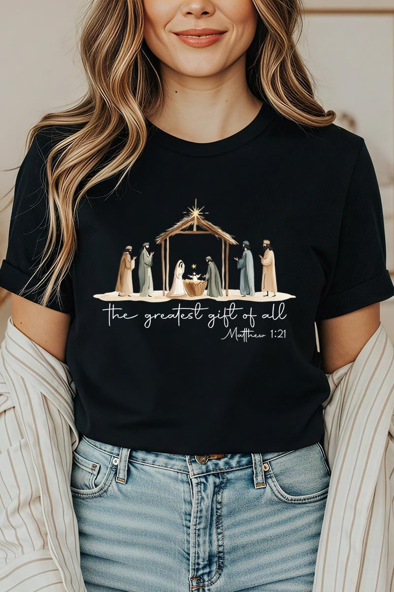 US3001P-E3183 Nativity Gift Graphic Plus Tee $16
