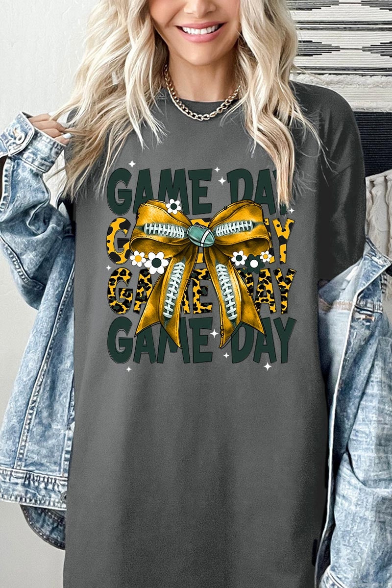 5000P-E3090 Yellow Football Game Day Bow Plus Heavy Cotton Tee $12.75