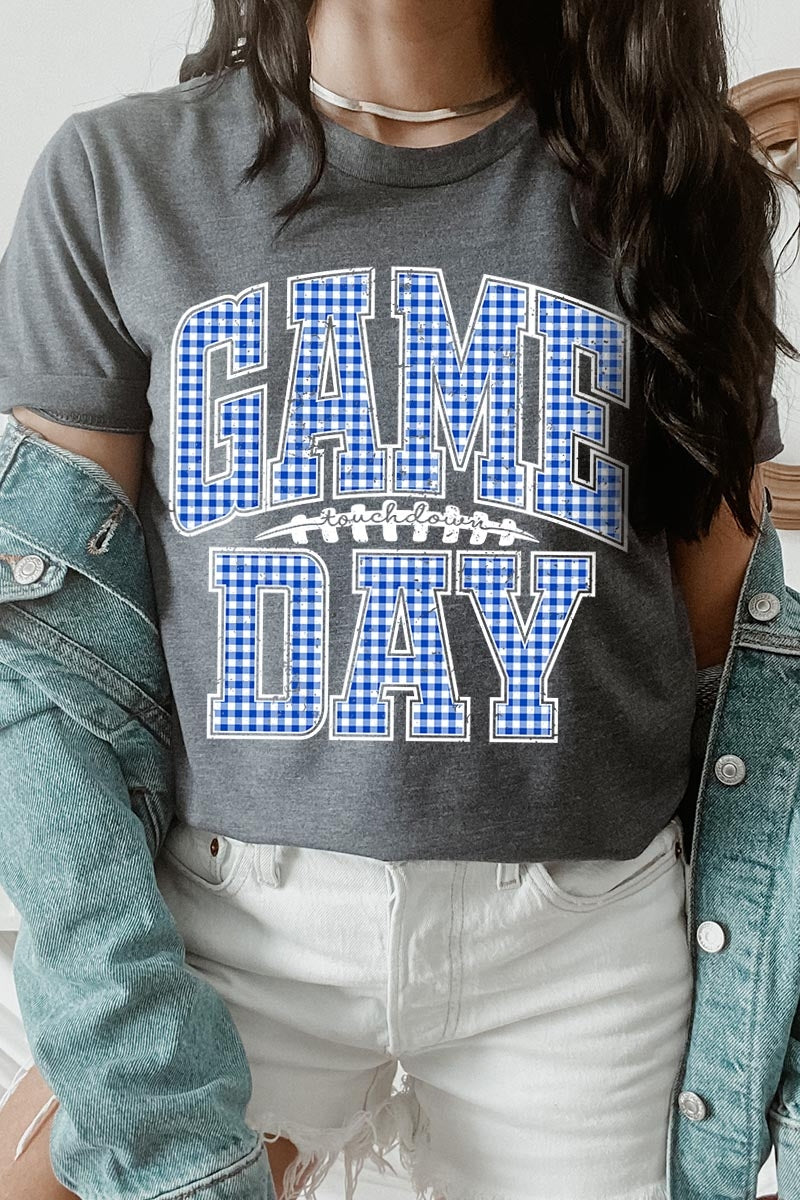 US3001-E3130 Blue Gingham Game Day Graphic Tee $12.5