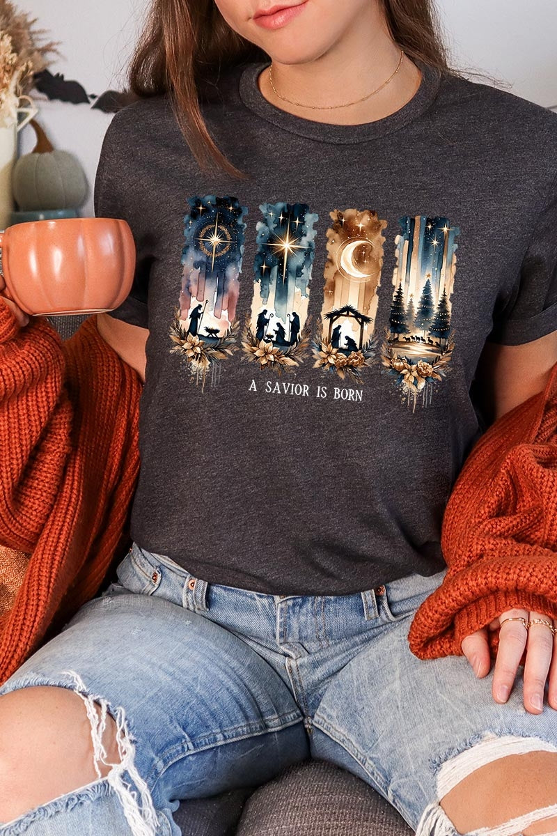US3001-E3204 Savior Is Born Nativity Graphic Tee $12.5