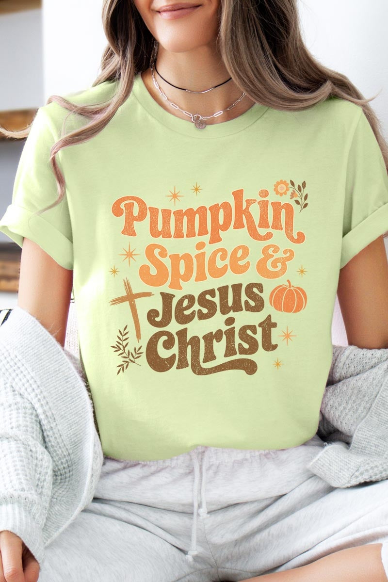 US3001P-E3164 Pumpkin Spice & Jesus Graphic Plus Tee $16
