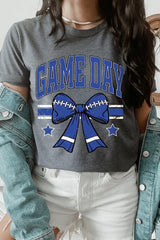 US3001-E3065 Blue Game Day Football Bow Graphic Tee $12.5