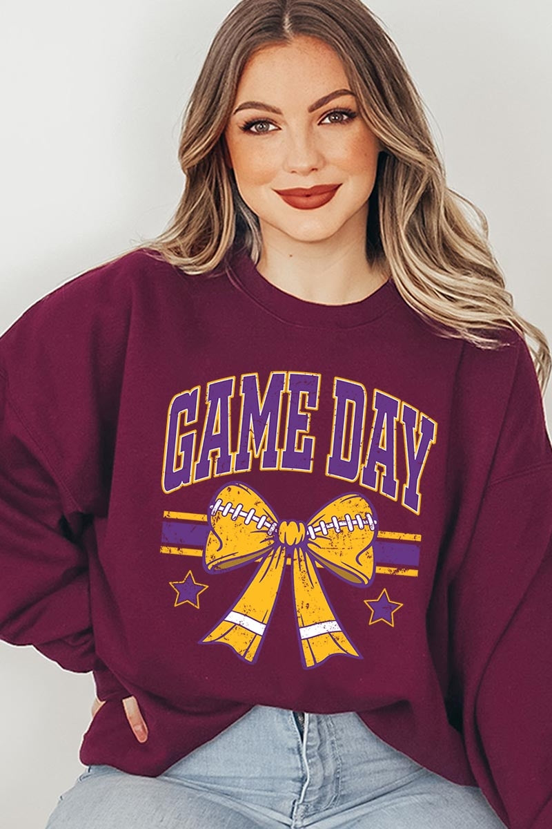 UL180-E3063 Purple Game Day Football Bow Graphic Sweatshirt $20