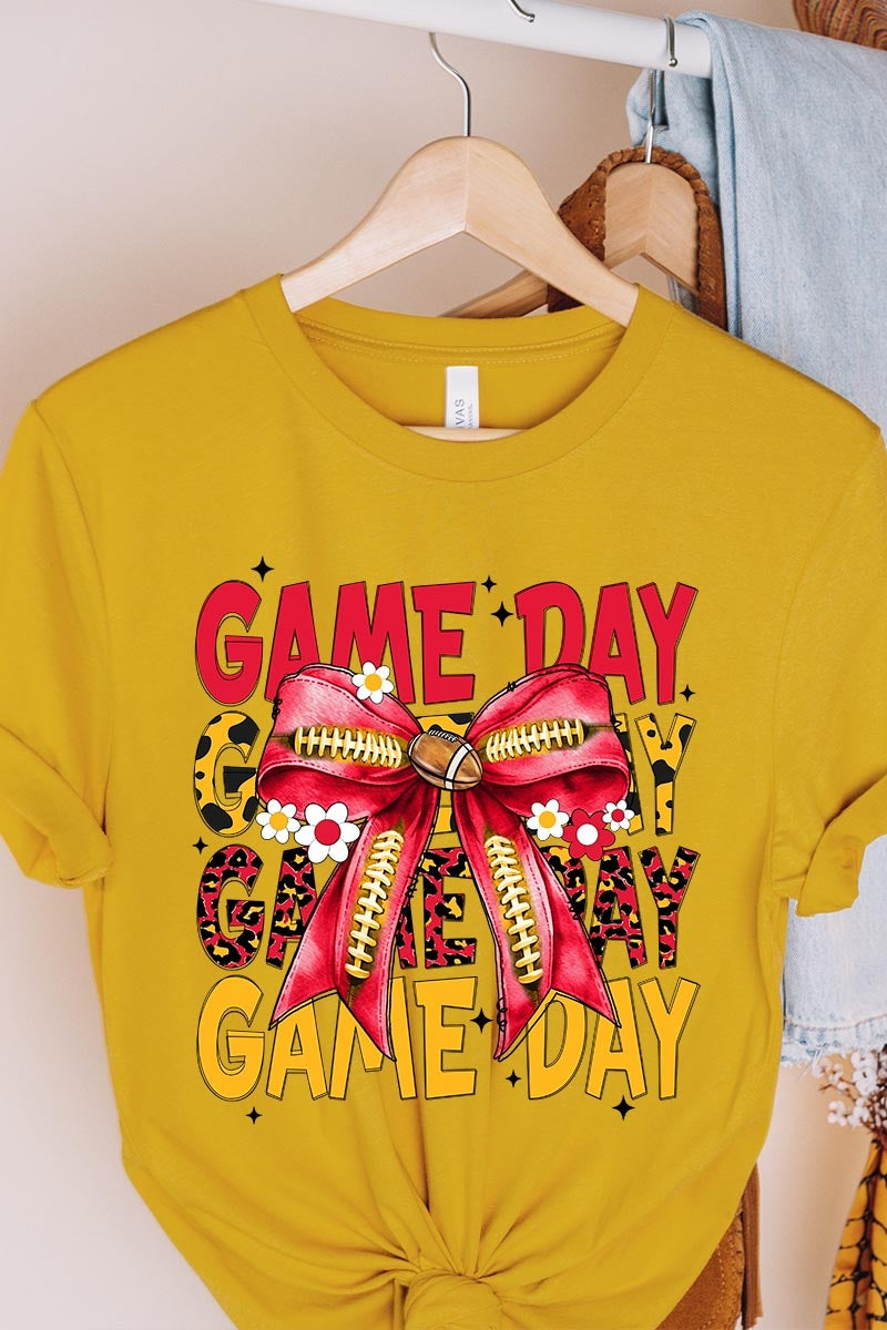 US3001-E3091 Red Yellow Football Game Day Bow Graphic Tee $12.5